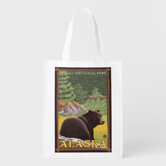 Black Bear in Forest - Denali National Park, Grocery Bag (Front)