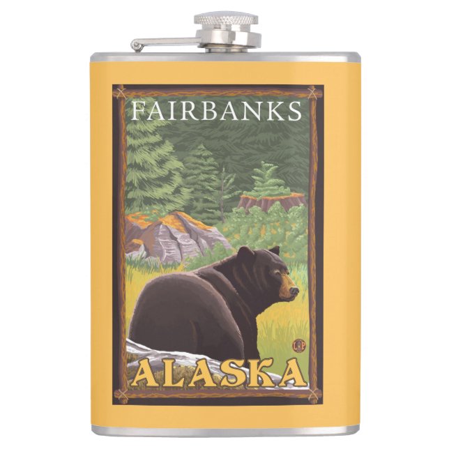 Black Bear in Forest - Fairbanks, Alaska Flask (Front)
