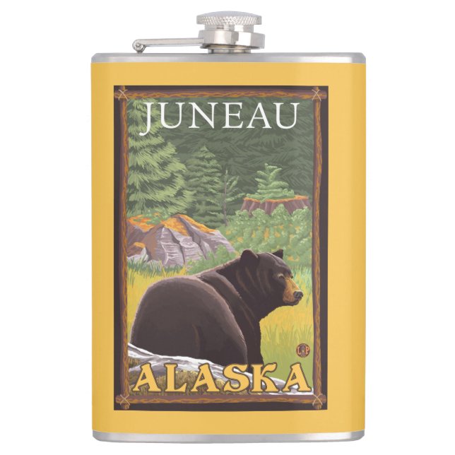 Black Bear in Forest - Juneau, Alaska Flask (Front)