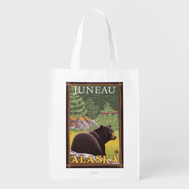 Black Bear in Forest - Juneau, Alaska Grocery Bag (Front)