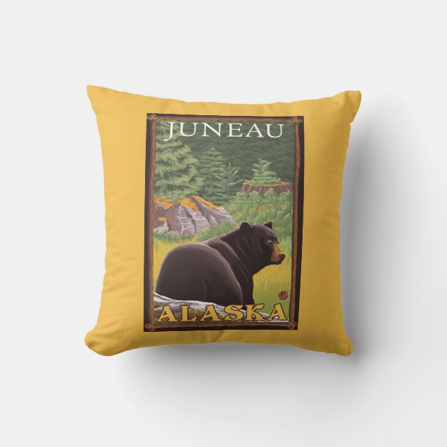 Black Bear in Forest - Juneau, Alaska Throw Pillow (Front)