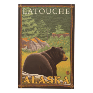 Black Bear in Forest - Latouche, Alaska Wood Wall Art