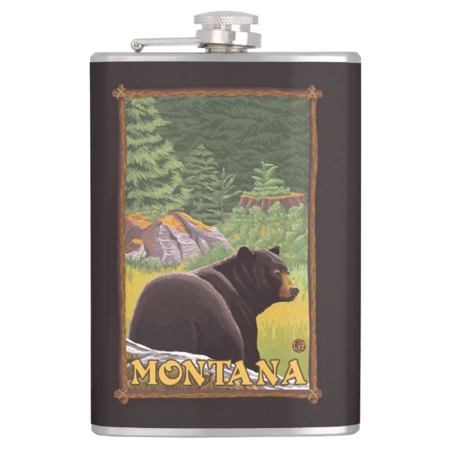 Black Bear in Forest - Montana Hip Flask (Front)