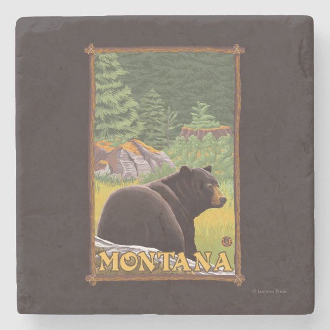 Black Bear in Forest - Montana Stone Coaster (Front)