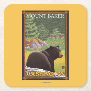 Black Bear in Forest - Mount Baker, Washington Square Paper Coaster