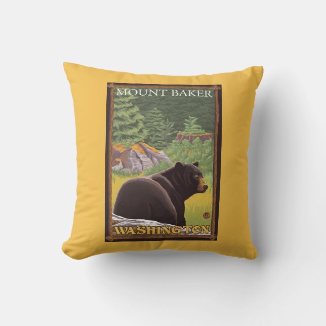 Black Bear in Forest - Mount Baker, Washington Throw Pillow (Front)