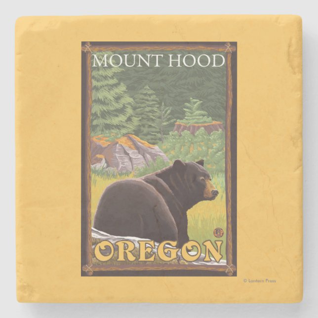 Black Bear in Forest - Mount Hood, Oregon Stone Coaster (Front)