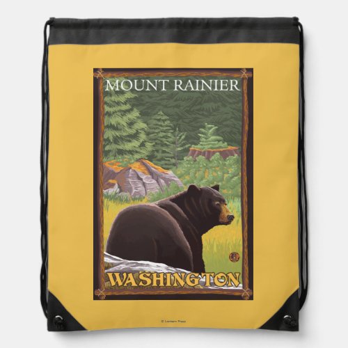 Black Bear in Forest _ Mount Rainier Washington Drawstring Bag