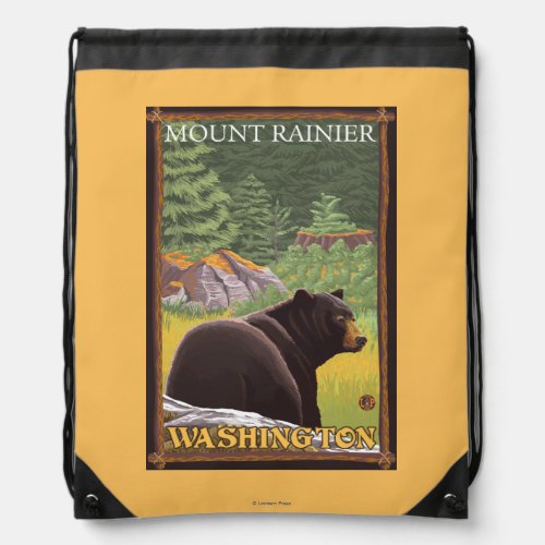 Black Bear in Forest _ Mount Rainier Washington Drawstring Bag