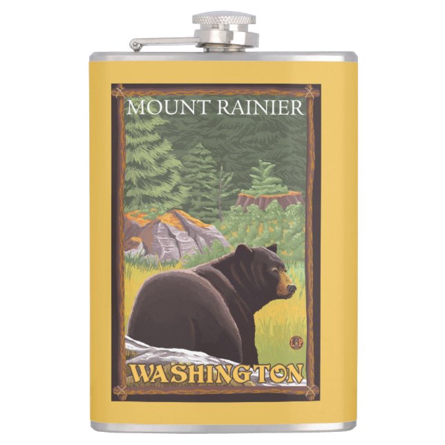 Black Bear in Forest - Mount Rainier, Washington Flask (Front)