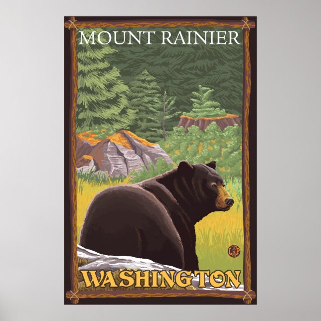 Black Bear in Forest - Mount Rainier, Washington Poster (Front)