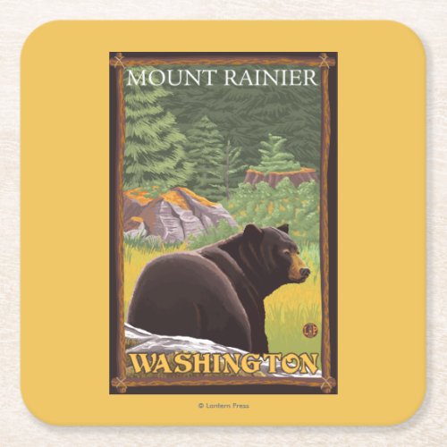 Black Bear in Forest _ Mount Rainier Washington Square Paper Coaster