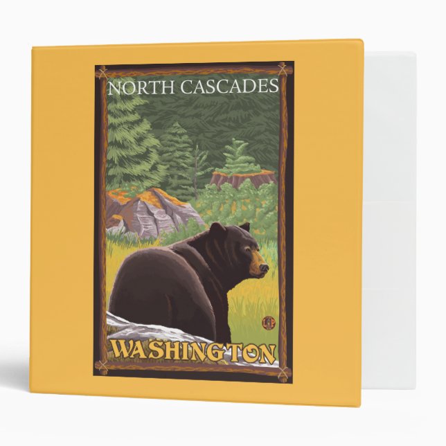 Black Bear in Forest - North Cascades, Washingto 3 Ring Binder (Front/Inside)