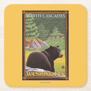 Black Bear in Forest - North Cascades, Washingto Square Paper Coaster