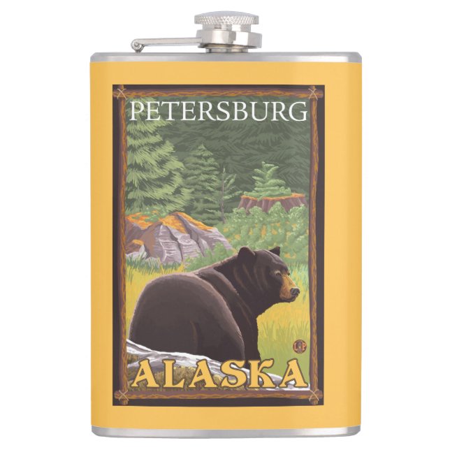 Black Bear in Forest - Petersburg, Alaska Hip Flask (Front)
