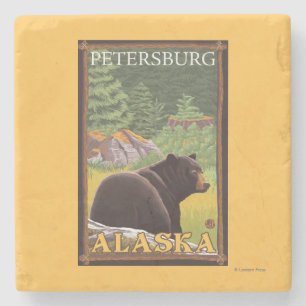 Black Bear in Forest - Petersburg, Alaska Stone Coaster