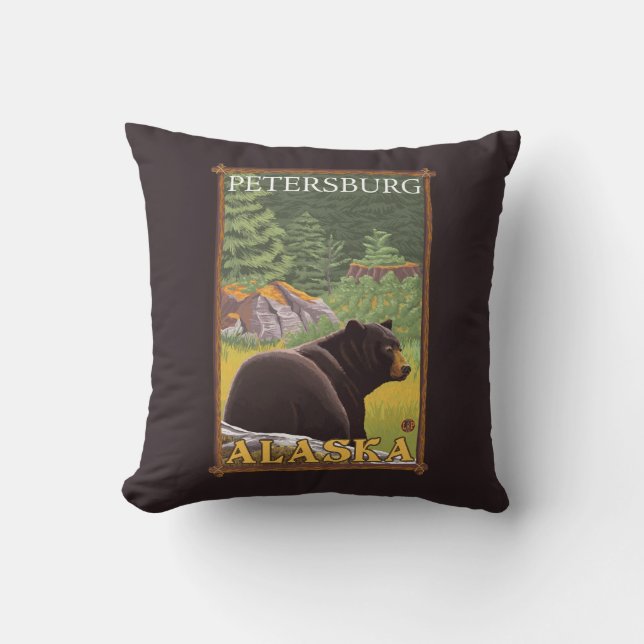 Black Bear in Forest - Petersburg, Alaska Throw Pillow (Front)