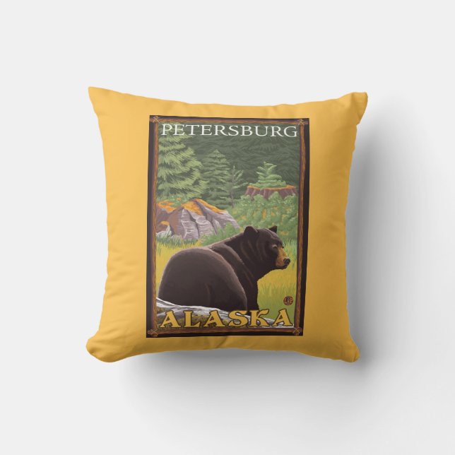 Black Bear in Forest - Petersburg, Alaska Throw Pillow (Front)