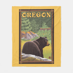 Black Bear in Forest Scene Vintage Travel Fleece Blanket