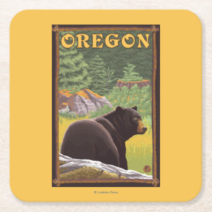 Black Bear in Forest Scene Vintage Travel Square Paper Coaster