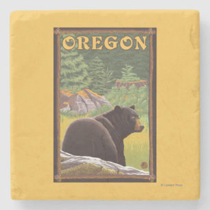 Black Bear in Forest Scene Vintage Travel Stone Coaster