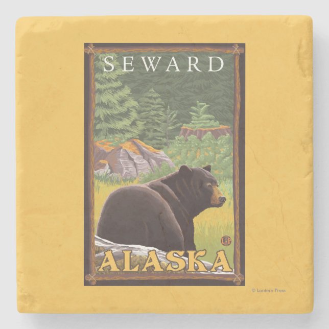 Black Bear in Forest - Seward, Alaska Stone Coaster (Front)