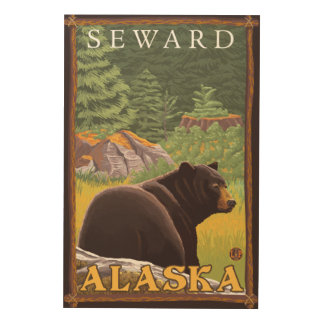 Black Bear in Forest - Seward, Alaska Wood Wall Art