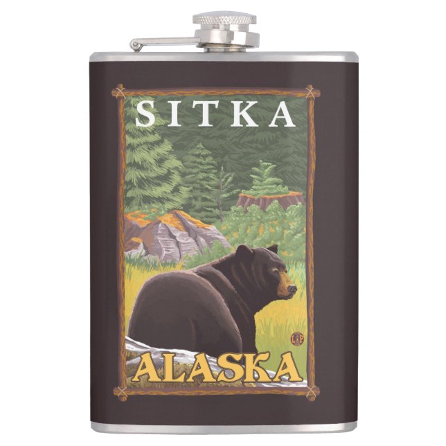 Black Bear in Forest - Sitka, Alaska Hip Flask (Front)