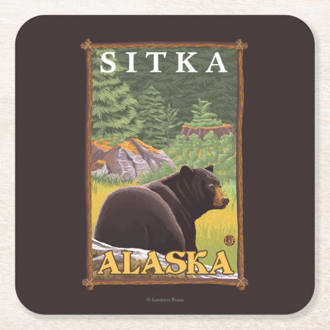 Black Bear in Forest - Sitka, Alaska Square Paper Coaster (Front)