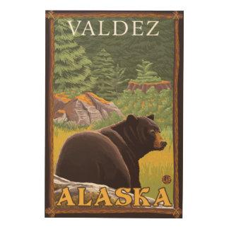 Black Bear in Forest - Valdez, Alaska Wood Wall Art