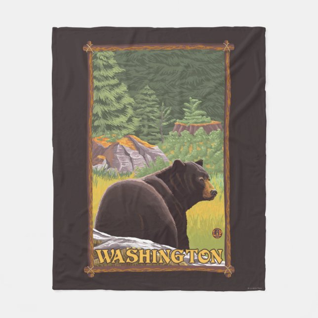 Black Bear in Forest - Washington Fleece Blanket (Front)