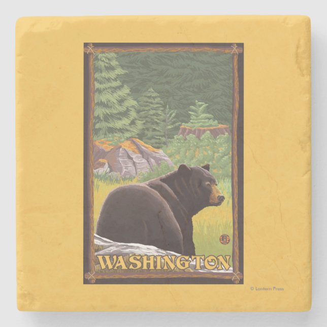 Black Bear in Forest - Washington Stone Coaster (Front)