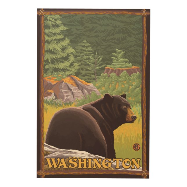 Black Bear in Forest - Washington Wood Wall Art (Front)
