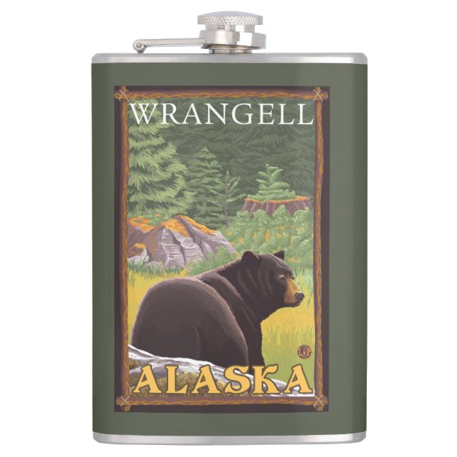 Black Bear in Forest - Wrangell, Alaska Hip Flask (Front)