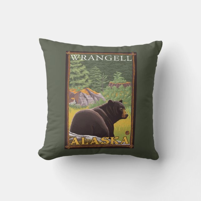 Black Bear in Forest - Wrangell, Alaska Throw Pillow (Front)