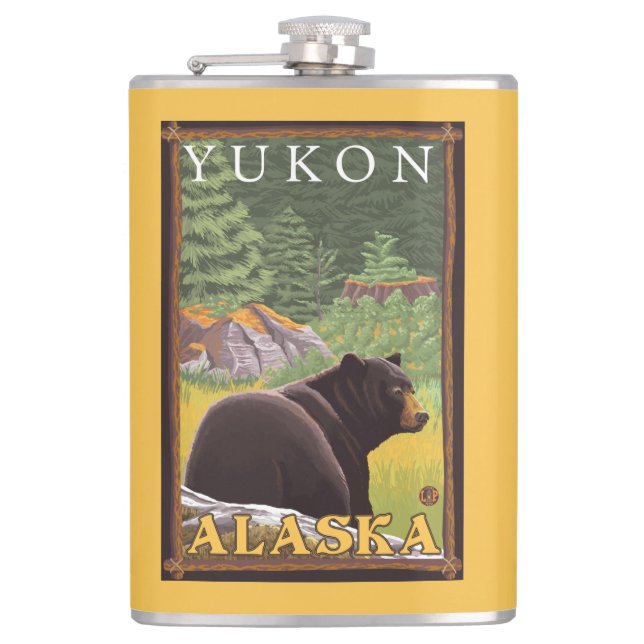 Black Bear in Forest - Yukon, Alaska Hip Flask (Front)