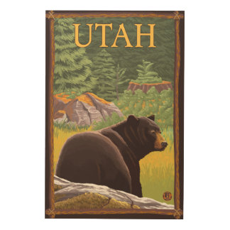 Black Bear in ForestUtah Wood Wall Art
