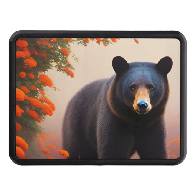 Black Bear in Orange flowers  Hitch Cover (Front)