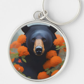 Black Bear in Orange flowers Keychain