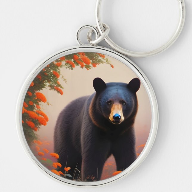 Black Bear in Orange flowers  Keychain (Front)