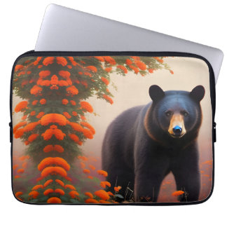Black Bear in Orange flowers Laptop Sleeve