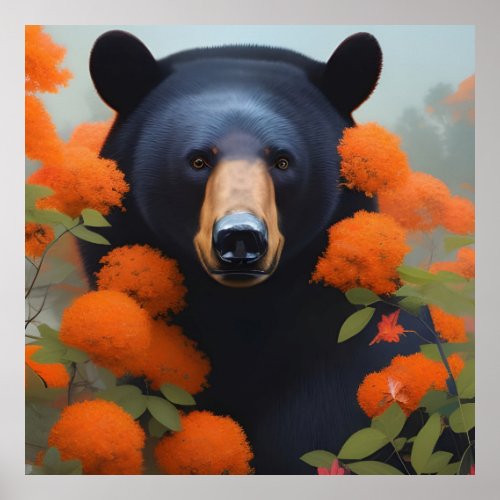 Black Bear in Orange flowers  Poster