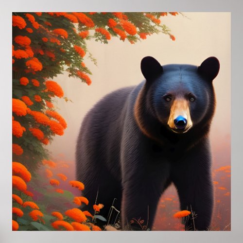 Black Bear in Orange flowers Poster