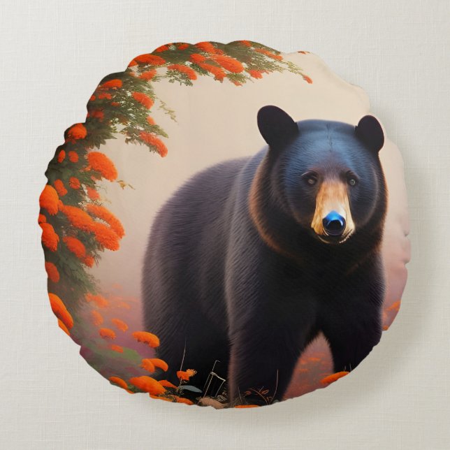 Black Bear in Orange flowers  Round Pillow (Front)