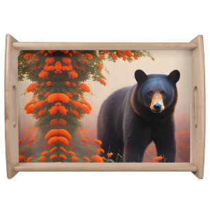 Black Bear in Orange flowers Serving Tray