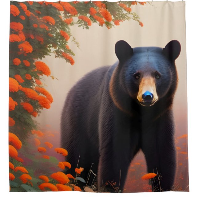 Black Bear in Orange flowers  Shower Curtain (Front)