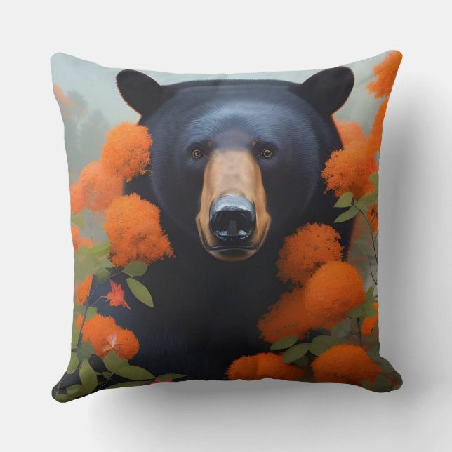 Black Bear in Orange flowers Throw Pillow (Back)