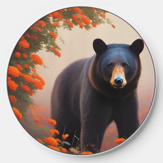 Black Bear in Orange flowers Wireless Charger (Front)