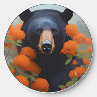 Black Bear in Orange flowers Wireless Charger