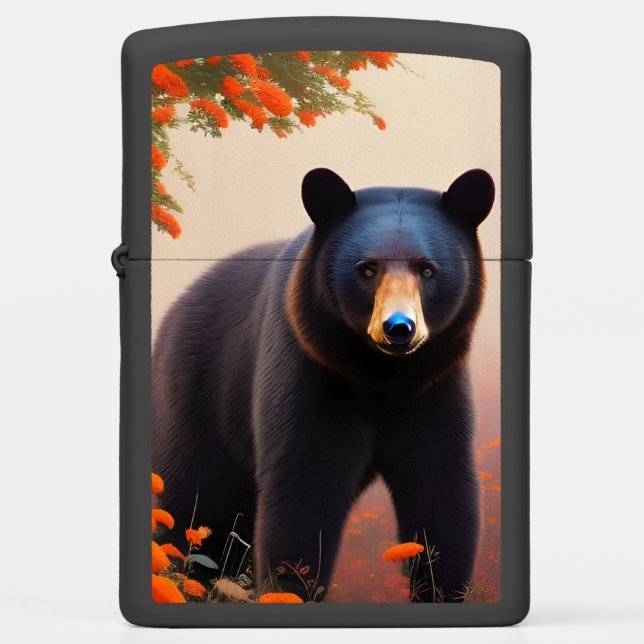 Black Bear in Orange flowers  Zippo Lighter (Front)